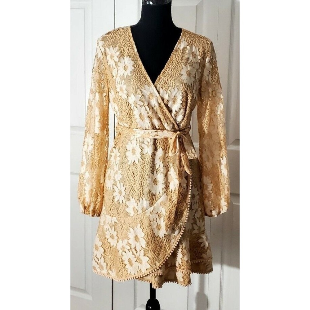 Half Island Floral Flower Lace Dress Faux Wrap Peach Mini Fit & Flare Women's M